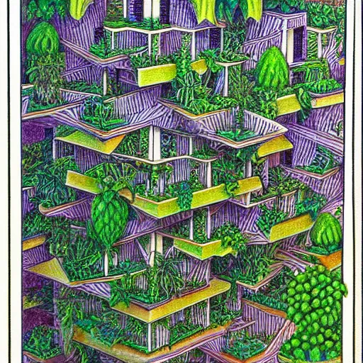 Image similar to hanging gardens of babylon, in the style of m c escher, colored pencil drawing