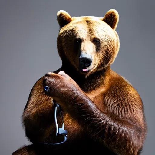 Prompt: a bear being interviewed on the Joe Rogan Experience podcast, professional photograph, 8k