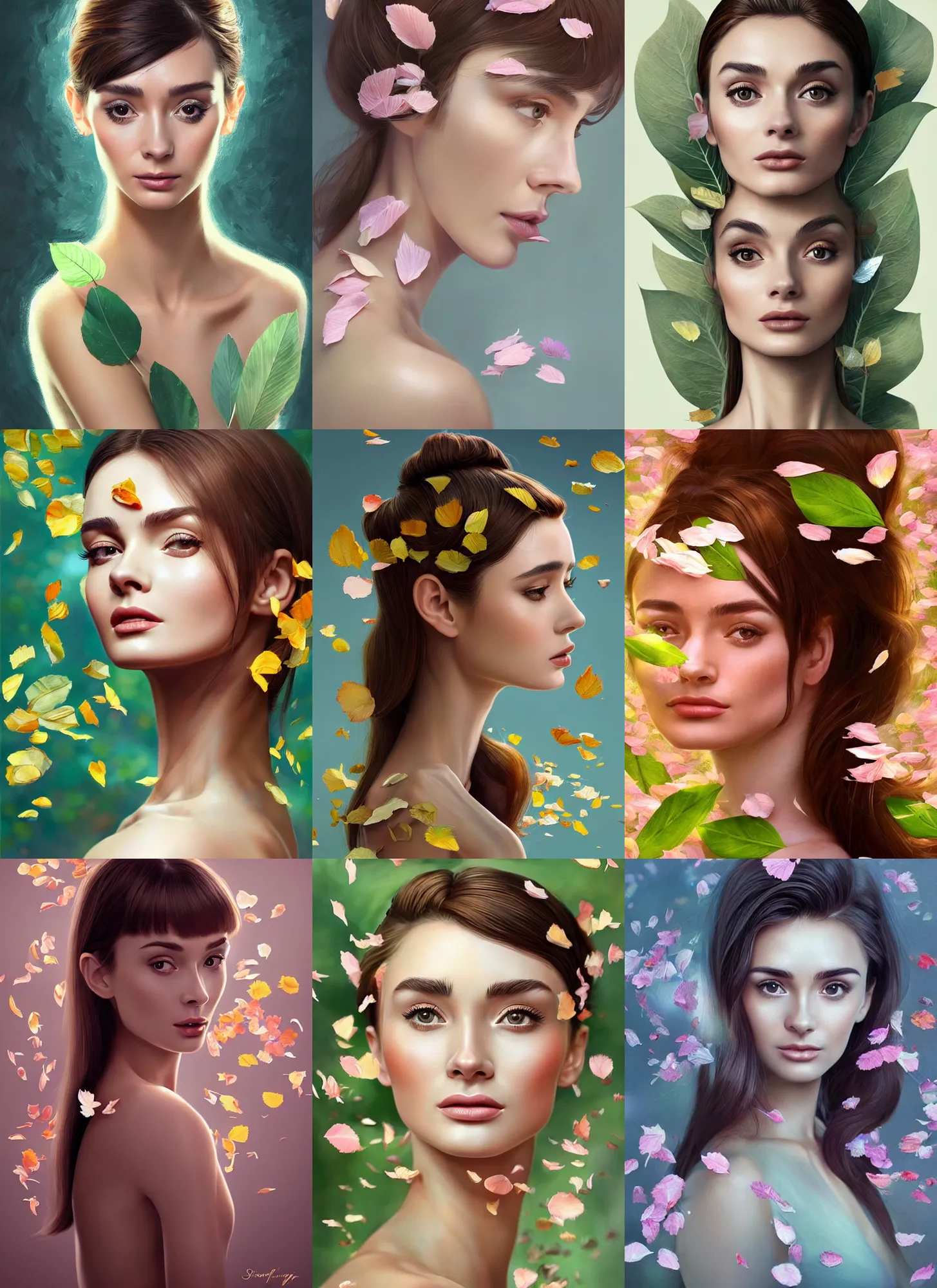 Prompt: gorgeous female covered in translucent leaf and petals in the style of stefan kostic, cute - fine - face, symmetry face, long hair, audrey hepburn, backlit, refracted lighting, elegant, half body shot, 8 k, insanely detailed, intricate, art by stanley lau, artgerm, wlop, kuvshinov ilya, octane, trending on artstation