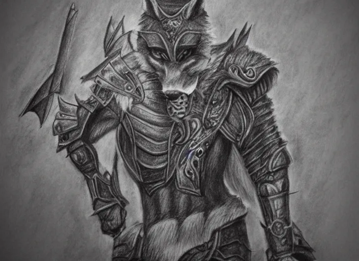 Prompt: a pencil drawing of a wolf, full body, D&D, armor, made by by Pen Tacula