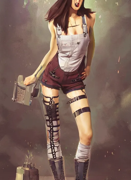 Image similar to digital _ painting _ of _ female, painted taktop, overalls, combat boots, short shorts, fishnets _ by _ filipe _ pagliuso _ and _ justin _ gerard _ symmetric _ fantasy _ highly _ detailed _ realistic _ intricate _ port