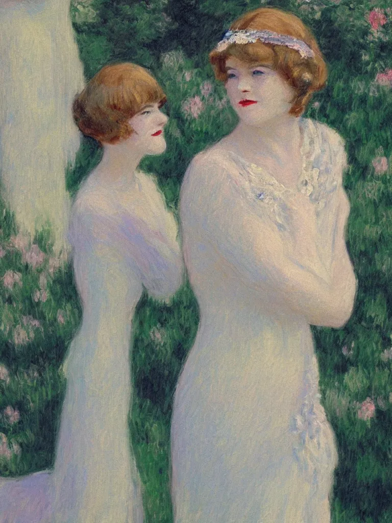 Image similar to portrait of < zelda fitzgerald > as a beautiful young lady wearing 1 9 2 0 s fashion, blurry face, fair, slim, fair, severe out of focus, depth of field, pleinairism, in the sun, backlit, closeup, oil on canvas, atr by monet, in the style of le promenade, smooth, impressionnisme, 8 k