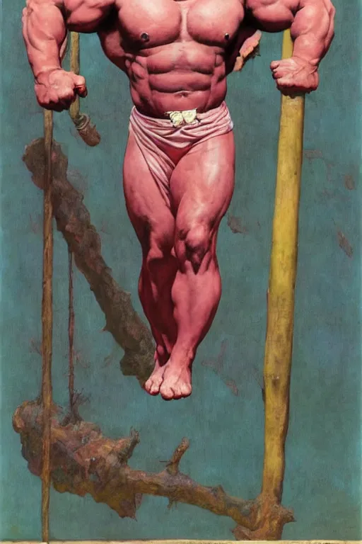 Prompt: full body portrait of morgan aste as huge pink hulk wearing trousers, simple background, painted by jack kirby, lawrence alma tadema, norman rockwell, greg staples, wayne barlow, jacob collins, tom lovell, frank schoonover, neville page