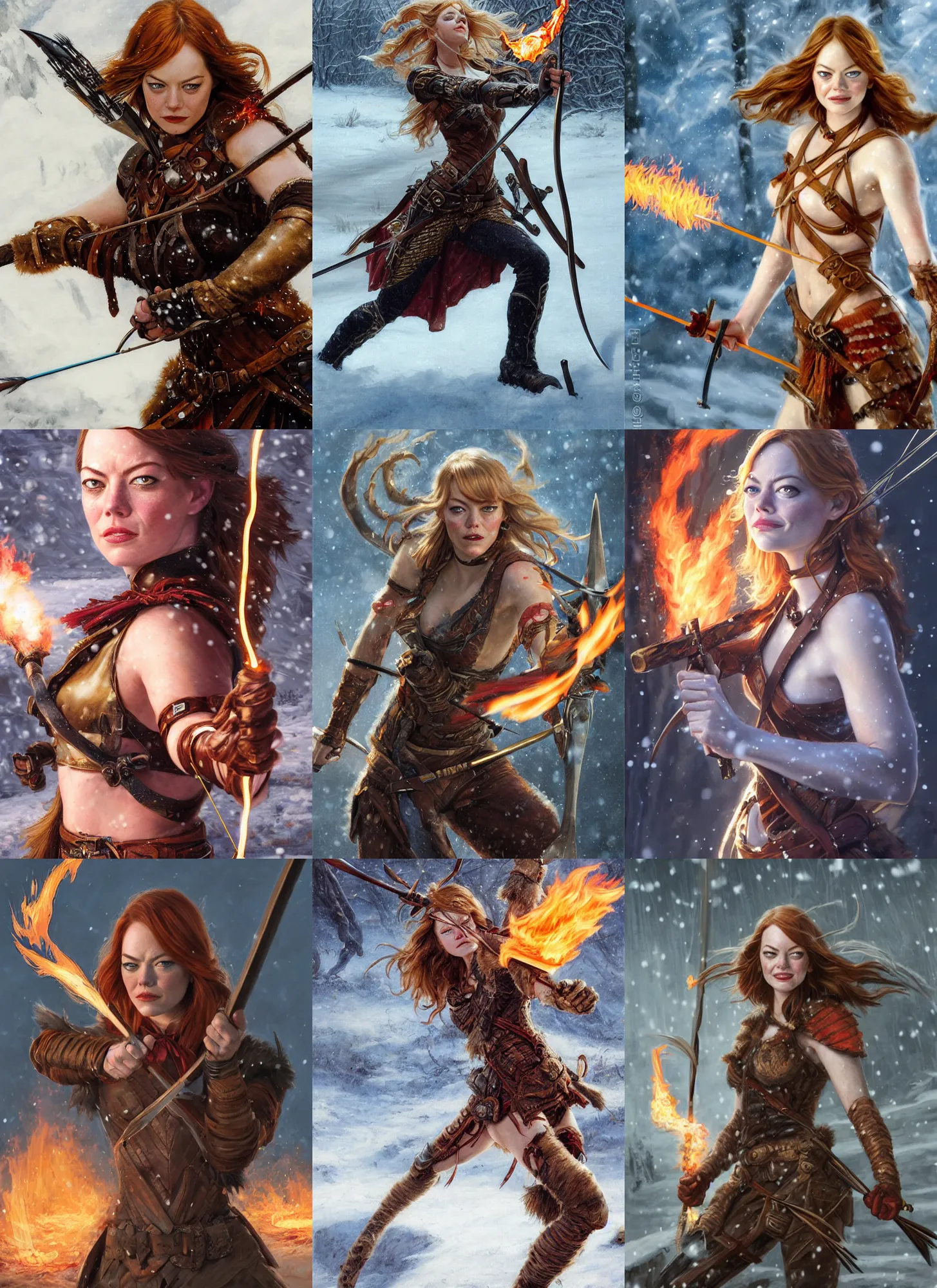 Prompt: close-up face portrait of Emma Stone as a muscled warrior shooting a flaming arrow with her huntsmen bow, snowy winter scene, Donato Giancola, Mark Brooks, Ralph Horsley, Charlie Bowater, Artgerm, Christopher Balaskas, Bastien Lecouffe-Deharme, Boris Vallejo