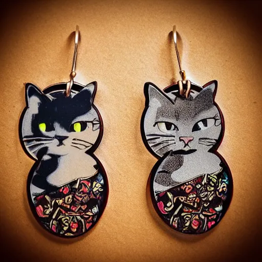 Image similar to 2d cat earrings, laser cut, in the style of mucha, unreal engine, studio lighting