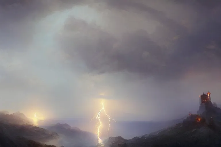 Image similar to tower in lightning storm at the top of a mountain, tornado, oil painting by Ivan Aivazovsky and Greg Rutkowski, artstation, fantasy, intricate, beautiful, cinematic, octane render, arnold render, 8k, hyper realism, detailed, sharp focus, 4k uhd, masterpiece, award winning