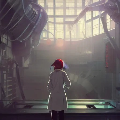 Prompt: in the hightech laboratory full of different advanced metal equipments very high details, volumetric fog, raytracing anime style girl in labcoat, fantastic details, anime art, trending on artstation, pixiv, makoto shinkai key visual kyoto animation studio ghibli tran ross and alphonse mucha and wlop concept art