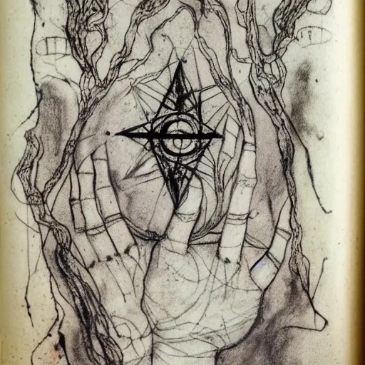 Prompt: scan of book with intricate ink drawings of occult drawing for a black magic ritual in a book about magic. lovecraftian feeling. by Agnes Cecile but in charcoal and blood. on a parchment made from thin leather. the parchment is 2000 years old.