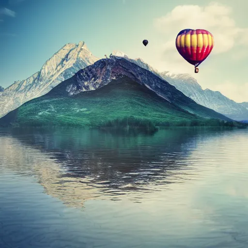 Image similar to photo of two black swans swimming in a beautiful reflective mountain lake, touching heads, forming a heart with their necks, a colorful hot air balloon is flying above the swans, hot air balloon, intricate, portrait, 8k highly professionally detailed, HDR, CGsociety, octane render, 4k