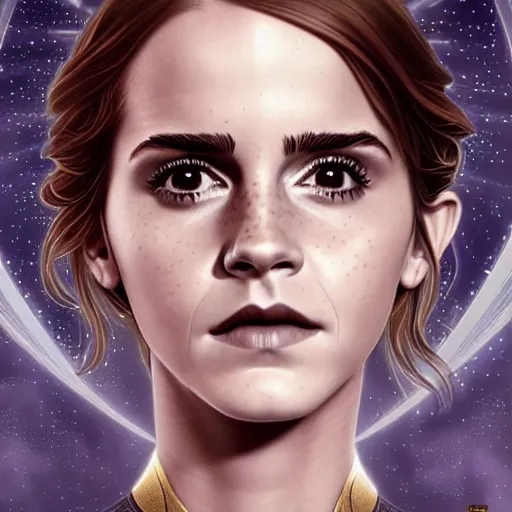 Image similar to beautiful detailed picture of emma watson as a star fleet officer from star trek next generation, radiant light, art nouveau, intricate, elegant, highly detailed, symmetrical face, my rendition, digital painting, artstation, concept art, smooth, sharp focus, illustration, art by artgerm and greg rutkowski and alphonse mucha