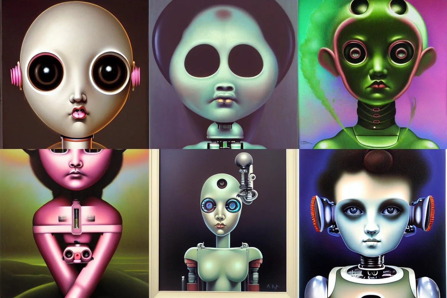 Prompt: 90s airbrush robot, by mark ryden, Bouguereau