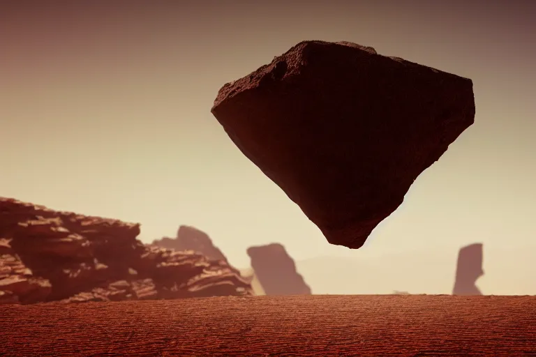 Prompt: a single massive dark rock levitating in desert, floating, octane render, cinematic, blade runner 2049, Imax, dramatic composition and lighting, strange, weird, award winning photography, dreamlike, 8k,