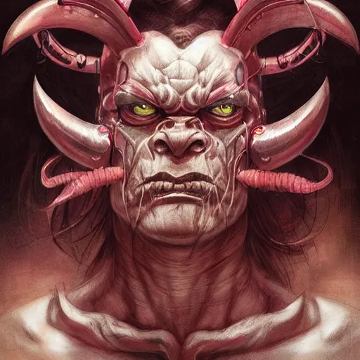 Image similar to portrait, cyberpunk japanese oni demon with horns, stern expression, long hair, highly detailed, digital painting, artstation, concept art, smooth, sharp focus, illustration, artgerm, tomasz alen kopera, peter mohrbacher, donato giancola, joseph christian leyendecker, wlop, frank frazetta