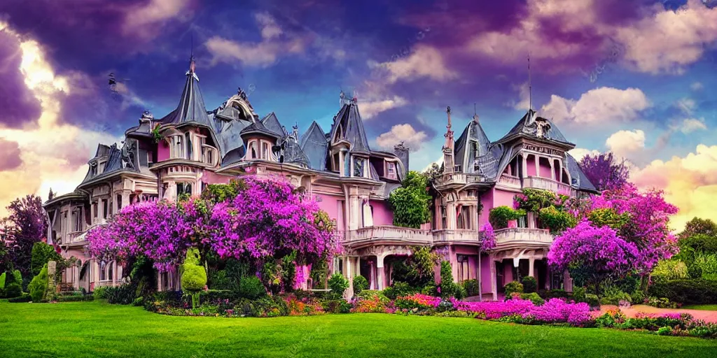 Image similar to art nouveau style mansion, summer clouds, dawn, romantic, bright colors, flowerbeds, vines, god rays, realistic, filmic lighting