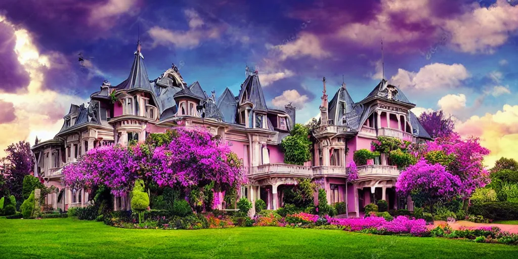 Prompt: art nouveau style mansion, summer clouds, dawn, romantic, bright colors, flowerbeds, vines, god rays, realistic, filmic lighting