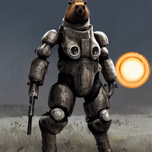 Prompt: photorealistic anthropomorphic capybara, wearing black cyber robot gigachad exoskeleton power armor without helmet, holding laser sniper rifle, post apocalyptic cinematic photorealistic background