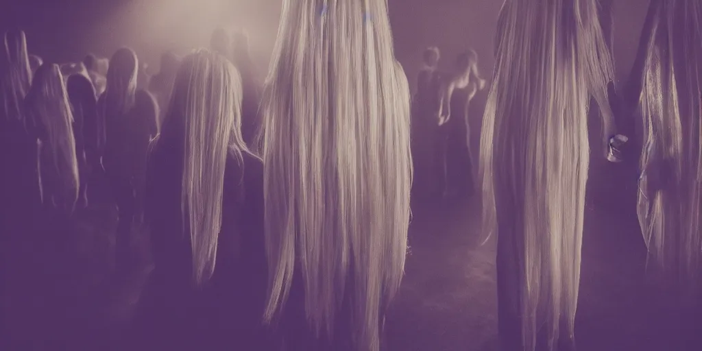 Image similar to love, groups of translucent people with long glowing hair, from behind, rebirth, wide angle, cinematic atmosphere, elaborate, highly detailed, dramatic lighting