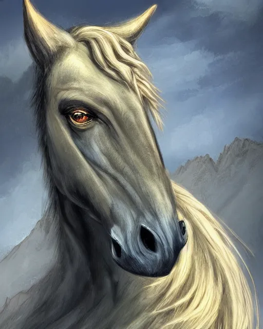 Prompt: ''face portrait of a rugged horse, fantasy, mountain landscape, d & d, digital painting, artstation, deviantart, concept art, illustration, art by dragolisco and anne stokes and nico niemi''