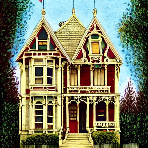 Prompt: illustration of painted lady Victorian house