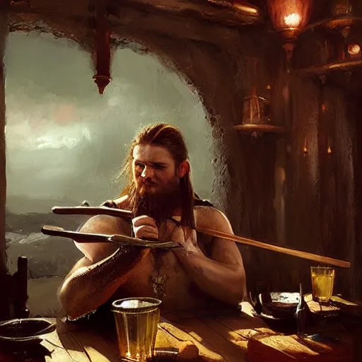 Image similar to a beautiful painting of a viking drinking in a tavern, by raymond swanland, featured on artstattion