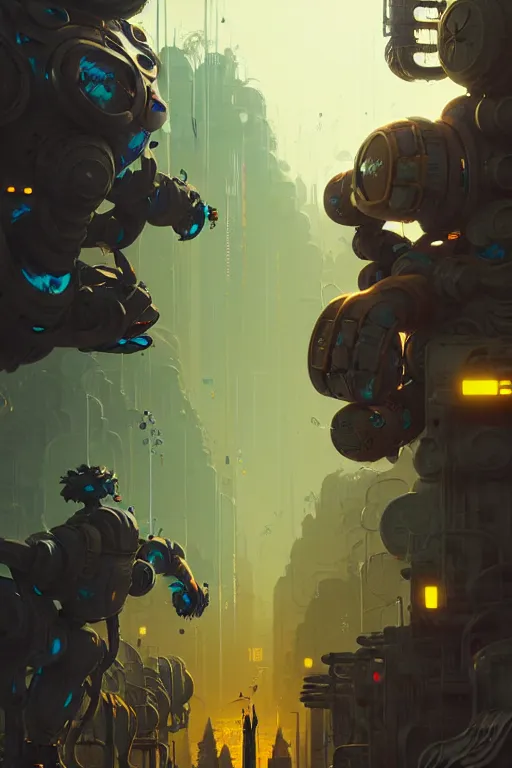 Prompt: matte painting of overgrowth extreme 3 d calligraphy graffiti tag mural maximalism robot by atey ghailan, by greg rutkowski, by greg tocchini, by james gilliard, by joe fenton, yellow, brown, black and cyan color scheme, octane render