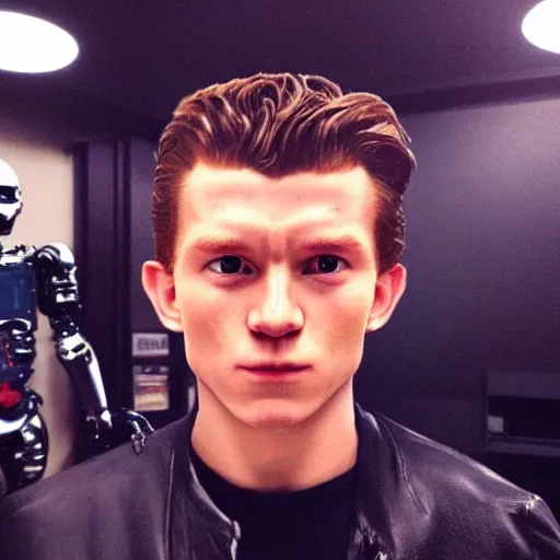 Image similar to “a realistic detailed photo of a guy who is the terminator robot, a cyborg consisting of living tissue over a robotic endoskeleton, who is a male android, Tom Holland, posing like a statue, blank stare”