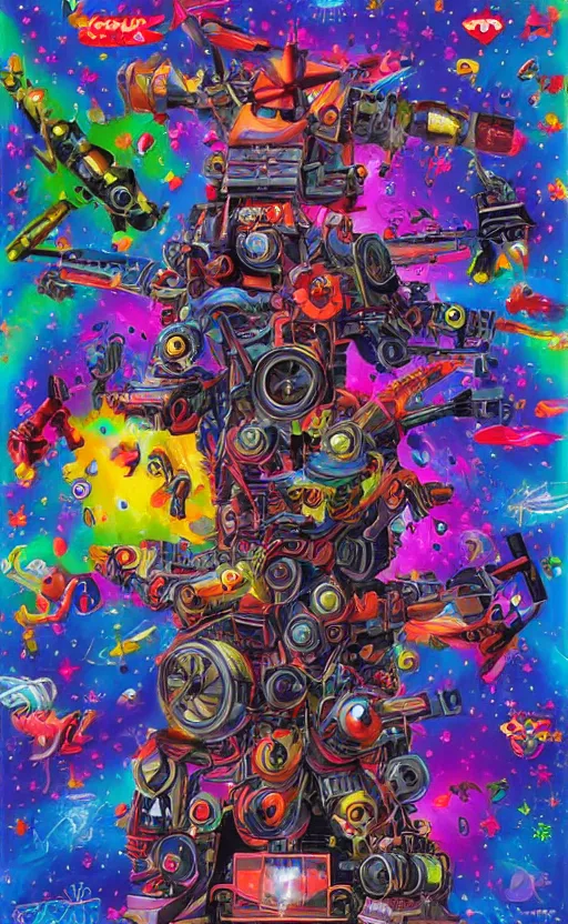 Prompt: surrealist war machine by yoko d'holbachie, lisa frank,