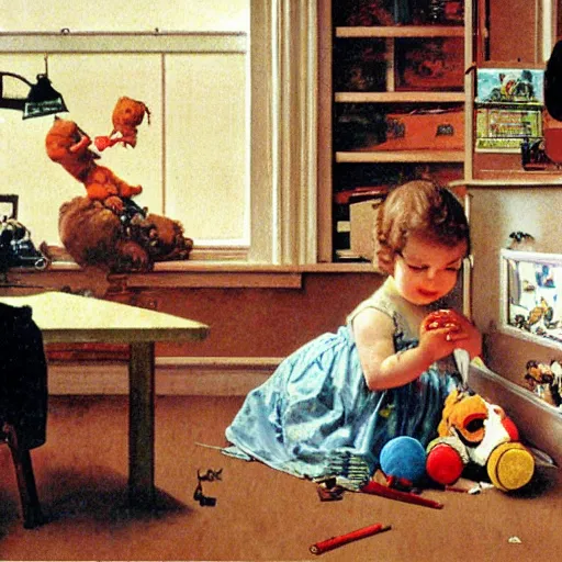 Image similar to A baby playing with her toys at her room, artwork by Norman Rockwell, cinematic composition