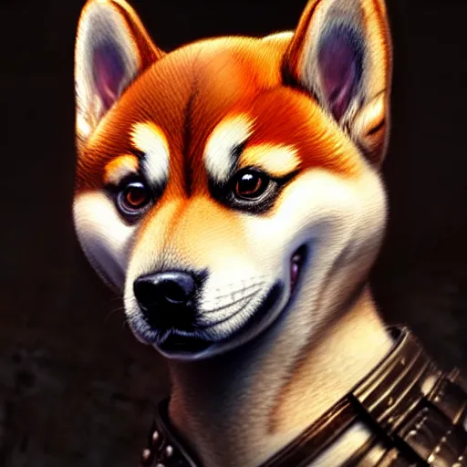 Prompt: portrait painting of a cute shiba inu with armor, ultra realistic, concept art, intricate details, eerie, highly detailed, photorealistic, octane render, 8 k, unreal engine. art by artgerm and greg rutkowski and charlie bowater and magali villeneuve and alphonse mucha