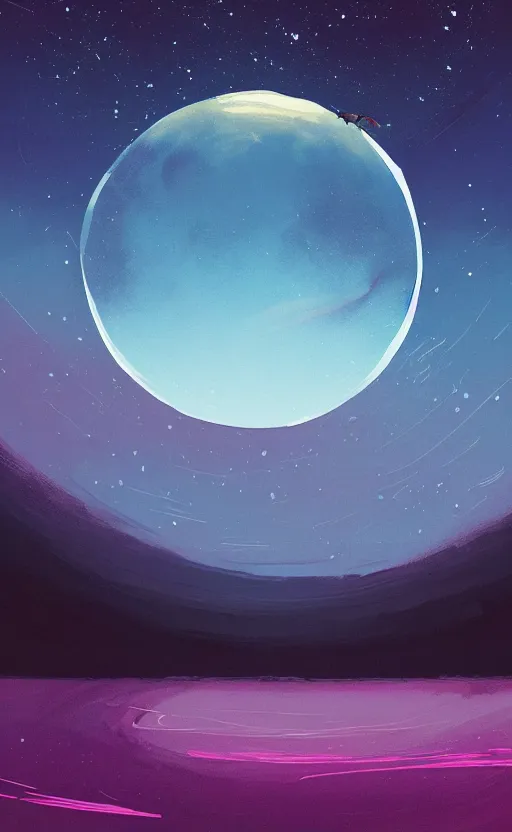 Prompt: a beautiful illustration of jupiter at night, art of alena aenami, featured on artstation, vertical orientation, paint brush strokes, expressionism, brushstroke - laden, breathtaking clouds, birds, ocean, beautiful stars, long exposure, big moon radius, airy midnight theme, blue purple gradient, lens flare