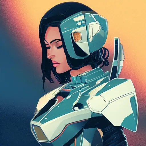 Image similar to a portrait of a stunning beautiful elite megan fox gundam pilot, with an intricate, detailed, urban inspired hiphop afro futuristic helmet, vector behance hd jesper ejsing, rhads, makoto shinkai, lois van baarle, ilya kuvshinov, rossdraws, hd, 3 2 k, ilya kuvshinov, gustav klimt