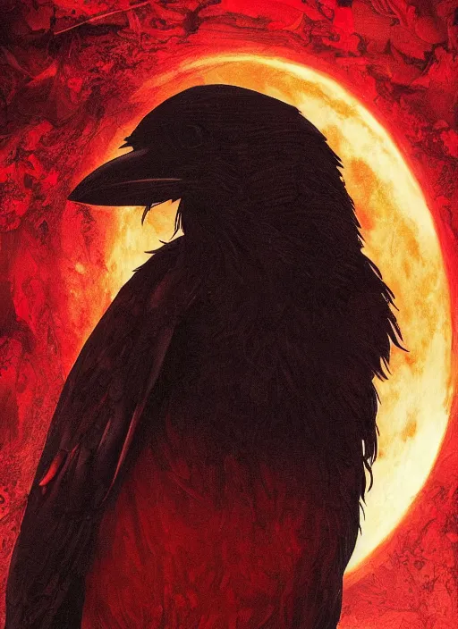 Prompt: red and golden color details, portrait, A crow with red eyes in front of the full big moon, book cover, red details, red white black colors, establishing shot, extremly high detail, foto realistic, cinematic lighting, by Yoshitaka Amano, Ruan Jia, Kentaro Miura, Artgerm, post processed, concept art, artstation, raphael lacoste, alex ross, portrait, A crow with red eyes in front of the full big moon, book cover, red roses, red white black colors, establishing shot, extremly high detail, photo-realistic, cinematic lighting, by Yoshitaka Amano, Ruan Jia, Kentaro Miura, Artgerm, post processed, concept art, artstation, raphael lacoste, alex ross