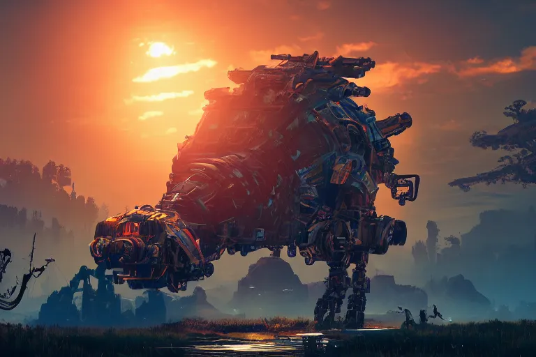 Image similar to scrapper machine mecanical creature robot of horizon forbidden west horizon zero dawn radiating a glowing aura global illumination ray tracing hdr fanart arstation by ian pesty and alena aenami artworks in 4 k