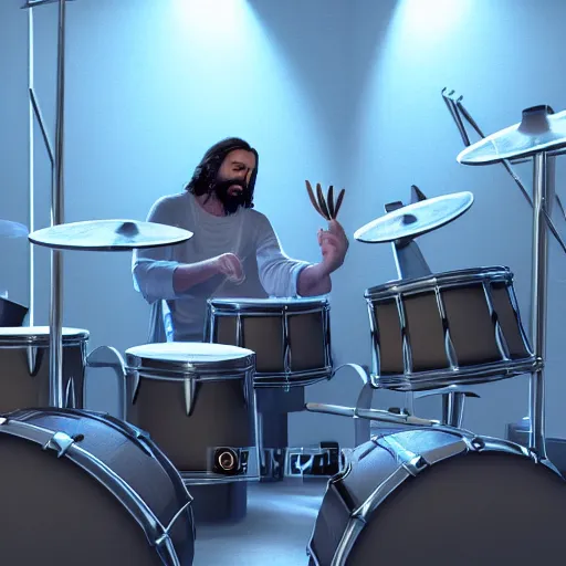 Image similar to a highly detailed realistic photographic render of christ playing drums, realistic, photo realism, hyper realistic, hyper realism, photo realisitc, cinematic render, film, beautifully lit, ray traced, octane 3D render, octane render, unreal engine