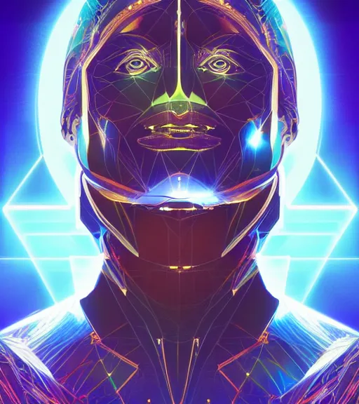 Image similar to symmetry!! egyptian prince of technology, solid cube of light, hard edges, product render retro - futuristic poster scifi, lasers and neon circuits, brown skin man egyptian prince, intricate, elegant, highly detailed, digital painting, artstation, concept art, smooth, sharp focus, illustration, dreamlike, art by artgerm