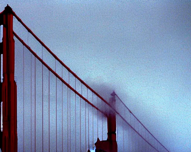 Prompt: still of the Golden Gate Bridge in The Day After Tomorrow (2004), extreme fog, blizzard