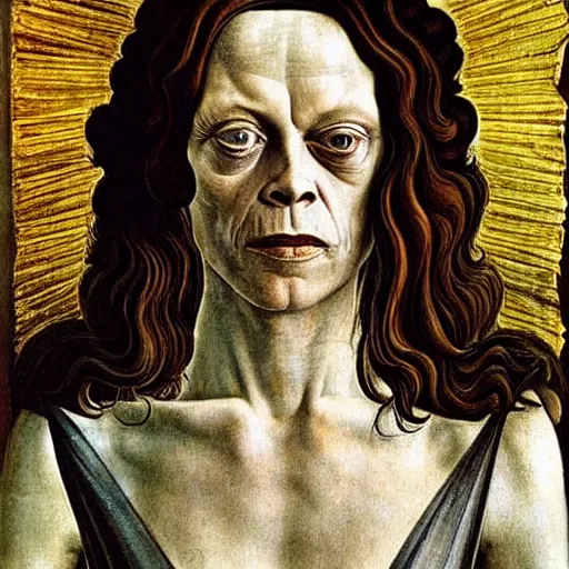 Prompt: sigourney weaver as gollum, elegant portrait by sandro botticelli, detailed, symmetrical, intricate