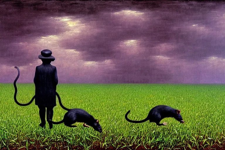 Image similar to a family of rats scurrying across a drenched field in a torrential rainstorm, in the style of rene magritte, intricate and epic composition, red by caravaggio, insanely quality, highly detailed, masterpiece, purple light, artstation, 4 k