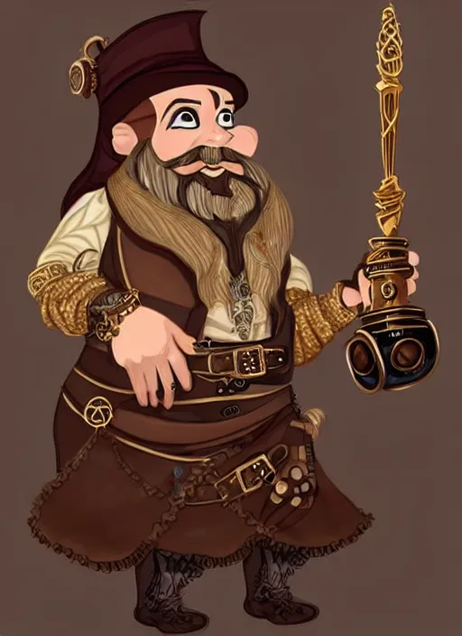 Image similar to Steampunk dwarf with a beard female glamor bard speaker of a small town and fashionable female in high-end Oscar de la Renta