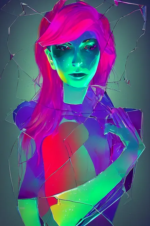 Prompt: photo of shattered glass in the shape of a woman, long legs, glows, colorful, rainbow colors, beautiful, artstation