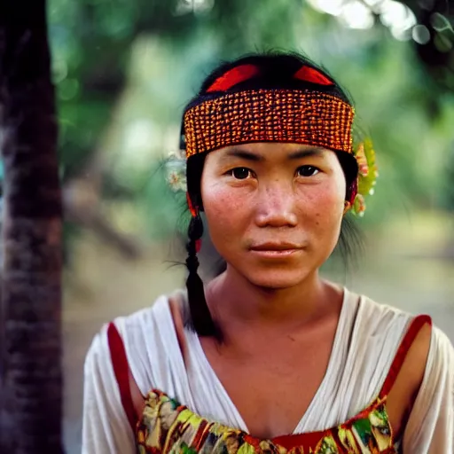 Prompt: Face of a young pre-colonial Filipino woman in her 20s wearing traditional costume, photographed by Steve McCurry