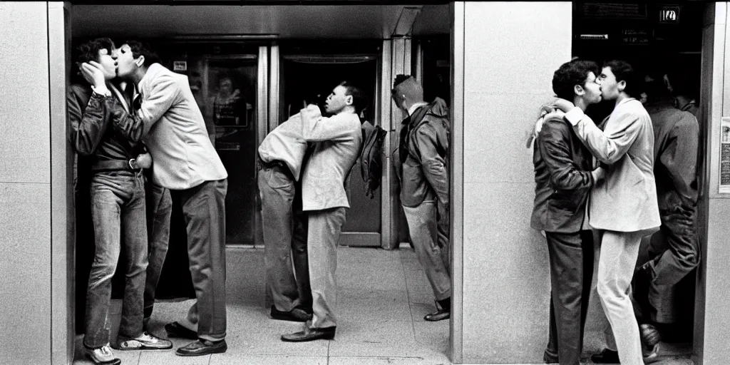 Prompt: two men kissing in the entrance to a subway stop in manhattan at the time of the stonewall riots. new york city, usa. 1 9 6 9 - 1 9 7 0. ernest cole photography