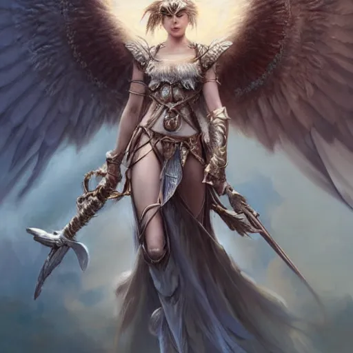 Image similar to portrait of young aasimar angel valkyrie warrior girl maiden wearing comfy leather armor with beautiful feathered angel wings, blue eyes, Emily Ratajkowski, innocent, intricate, elegant, highly detailed, ultradetailed, hyperdetailed, artstation, concept art, smooth, sharp focus, illustration, art by artgerm and greg rutkowski and alphonse mucha, Blizzard, Elden Ring