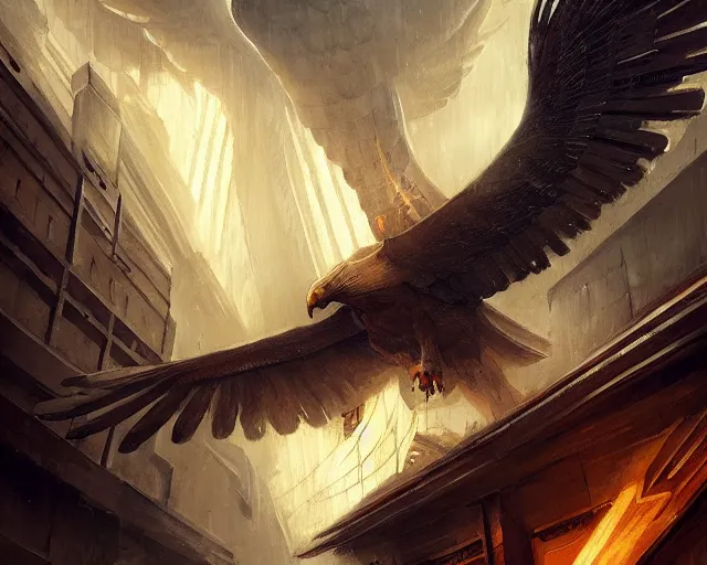 Image similar to a gigantic egyptian god fighting a huge eagle in blade runner los angeles, intricate, elegant, highly detailed, digital painting, artstation, concept art, matte, sharp focus, illustration, art by anders zorn and greg rutkowski and marvel