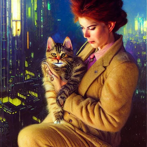 Prompt: portrait of a furry fluffy female tabby cat in a business suit. shadowrun cyberpunk furaffiniy fantasy highly detailed painting by gaston bussiere craig mullins jc leyendecker gustav klimt artgerm greg rutkowski john berkey, bergey, craig mullins, ruan jia, raymond swanland, jeremy mann, tom lovell, alex malveda