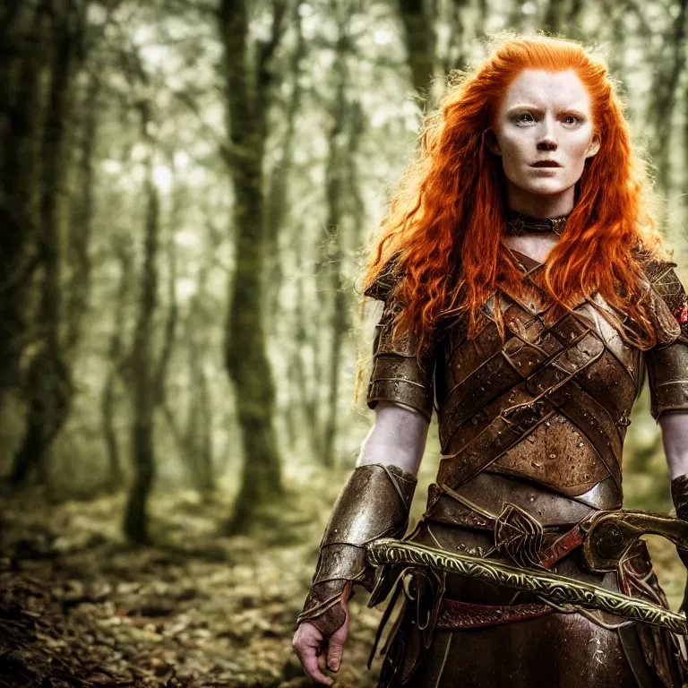 Image similar to 5 5 mm portrait photo of an armored handsome well - built female warrior, red hair, ginger hair, in a magical forest in the style of lord of the rings, highly detailed 8 k. intricate. lifelike. soft light. nikon d 8 5 0. cinematic post - processing