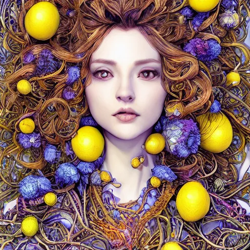 Image similar to the portrait of an absurdly beautiful, graceful, elegant, sophisticated, mature vixen made up of lemons looking up, an ultrafine hyperdetailed illustration by kim jung gi, irakli nadar, intricate linework, bright colors, octopath traveler, final fantasy, unreal engine 5 highly rendered, global illumination, radiant light, detailed and intricate environment