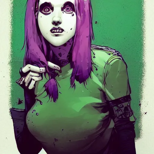 Image similar to Highly detailed portrait of pretty punk zombie young lady with, freckles and beautiful hair by Atey Ghailan, by Loish, by Bryan Lee O'Malley, by Cliff Chiang, inspired by image comics, inspired by graphic novel cover art, inspired by izombie !! Gradient purple and green color scheme ((grafitti tag brick wall background)), trending on artstation