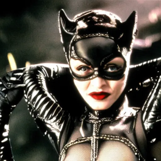 Image similar to A still of Madonna as Catwoman from Batman Returns. Extremely detailed. Beautiful. 4K. Award winning.