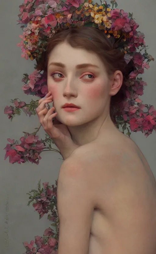 Image similar to a oil painting of a beautiful woman on a white background, flowers, painted by mucha, floral headdress, 8 k resolution, octane render, trending on artstation, volumetric light